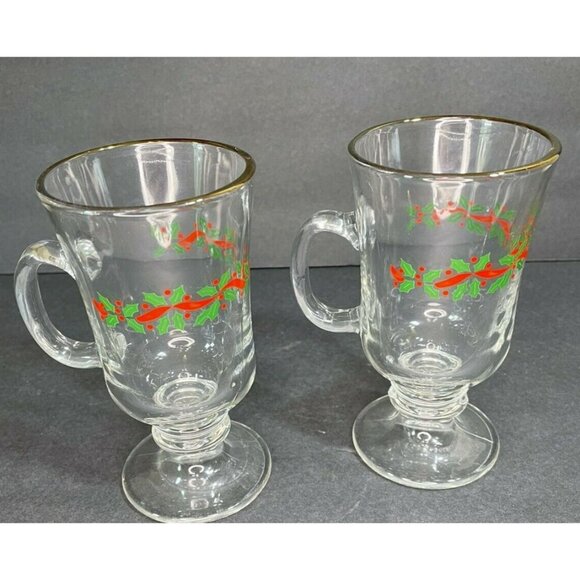 Vintage Libby Christmas Holly Berries Footed Irish Coffee Mug Set of 2 Gold Rim - Picture 6 of 10